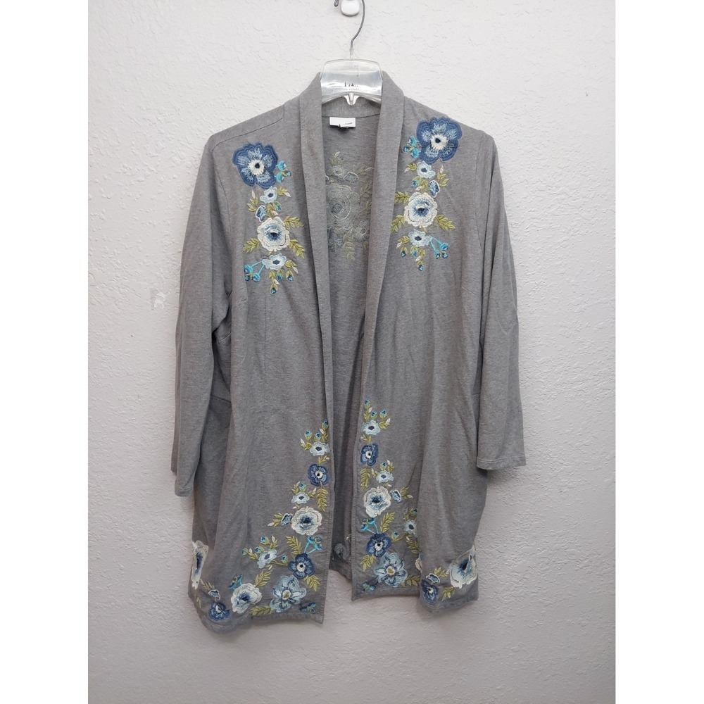 J Jill Cardigan Sweater Womens 2X Gray Blue Embroidered Floral Cotton Pockets